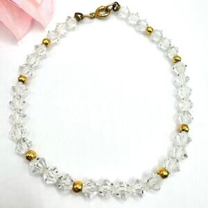 Vintage Clear Crystal Bead Bracelet Gold Tone Sparkling Faceted Light Catching